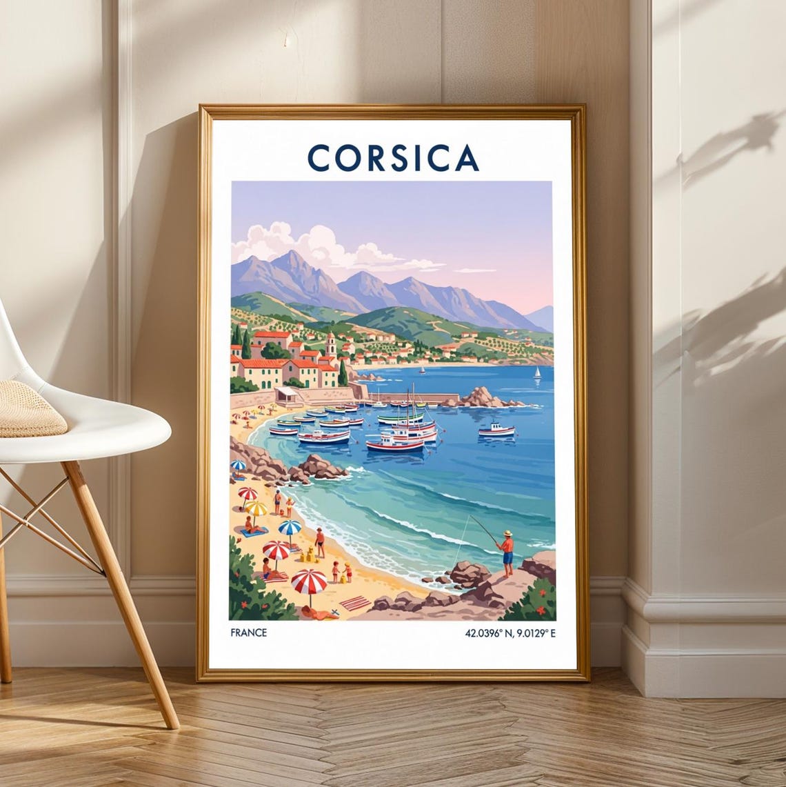 Corsica Beach Coastline With Boats Mediterranean France Travel Poster