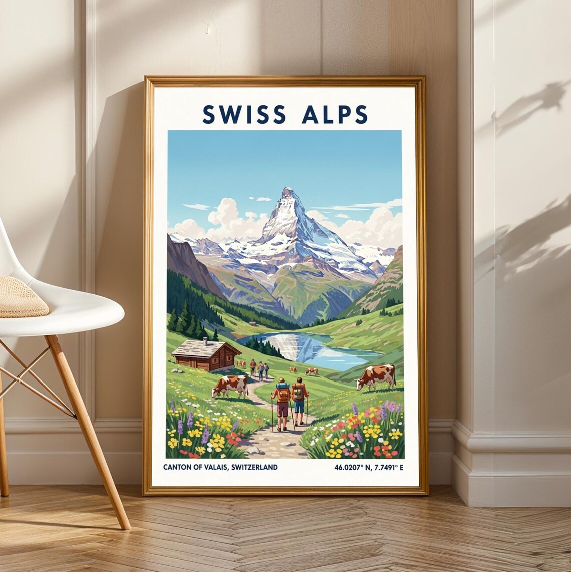 Matterhorn Swiss Alps Summer Hikers Chalet Vintage Travel Poster