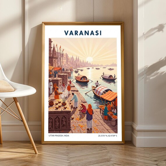 Varanasi Ganges River Art Print Orange Blue And Beige Cityscape Illustration Living Room Or Office Decor For Travel Lover