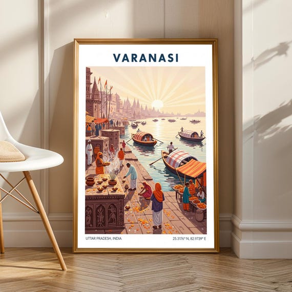 Varanasi Ganges Sunrise Boats Ghats India Vintage Travel Poster