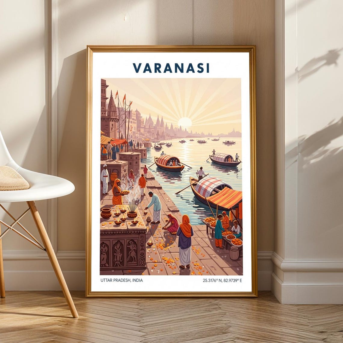 Varanasi Ganges Sunrise Boats Ghats India Vintage Travel Poster