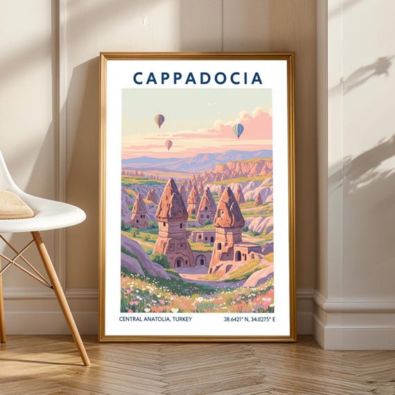 Cappadocia Fairy Chimneys Print Pink Purple Green And Blue Illustration Turkish Landscape Art Travel Poster For Living Room Decor