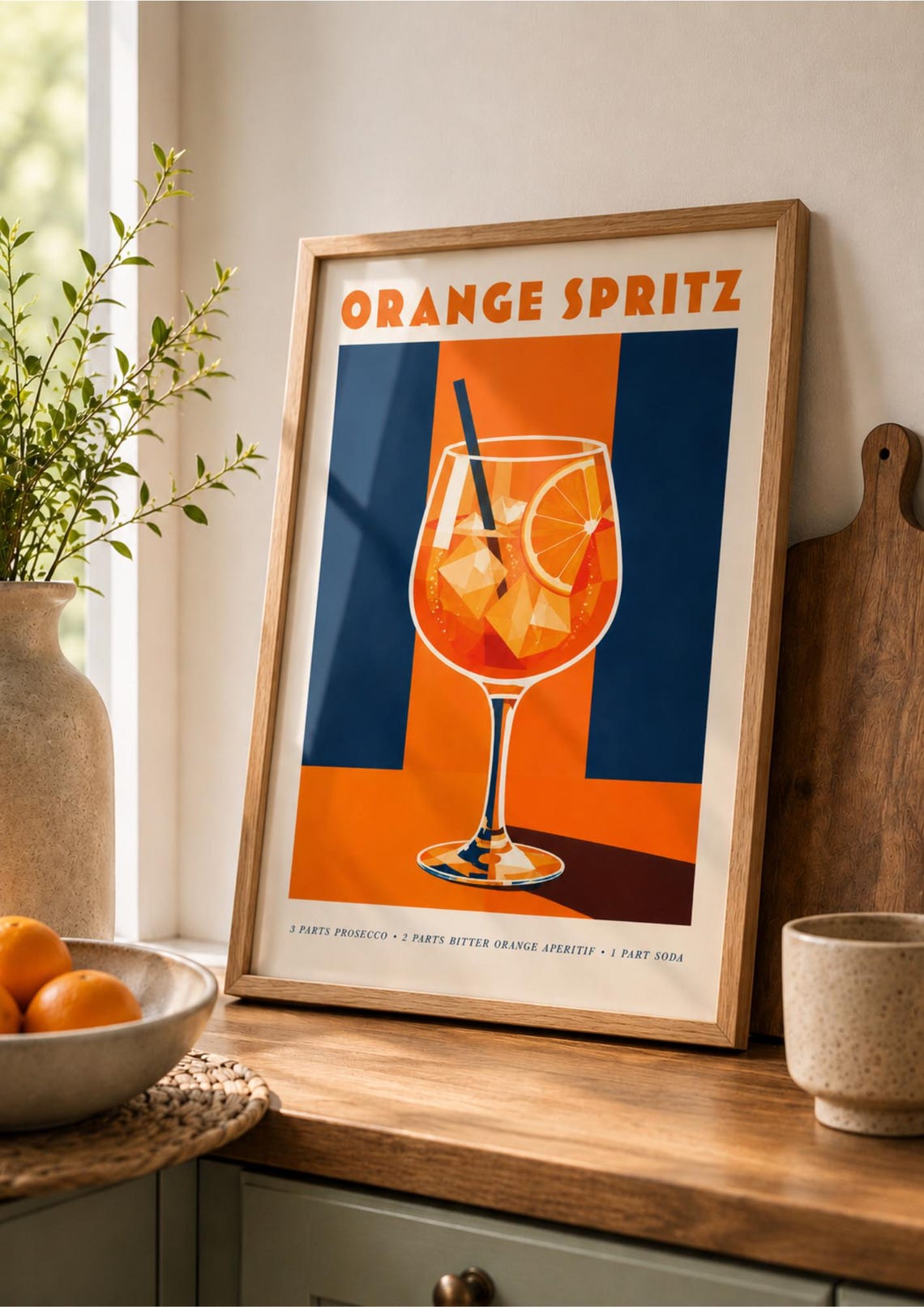 Orange Spritz Cocktail Poster Modern Kitchen Wall Art Retro Drink Print Blue Bar Decor Minimal Beverage Illustration