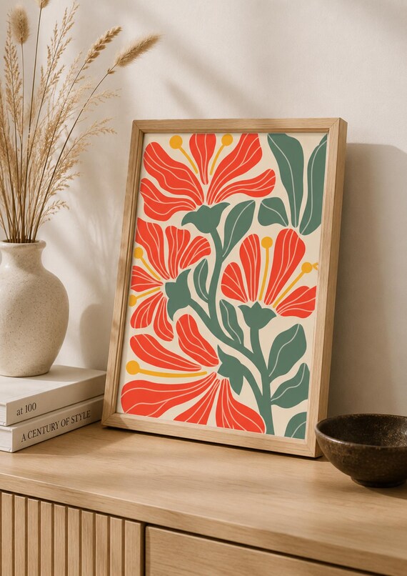Coral Hibiscus Floral Pattern Green Leaves Retro Tropical Poster