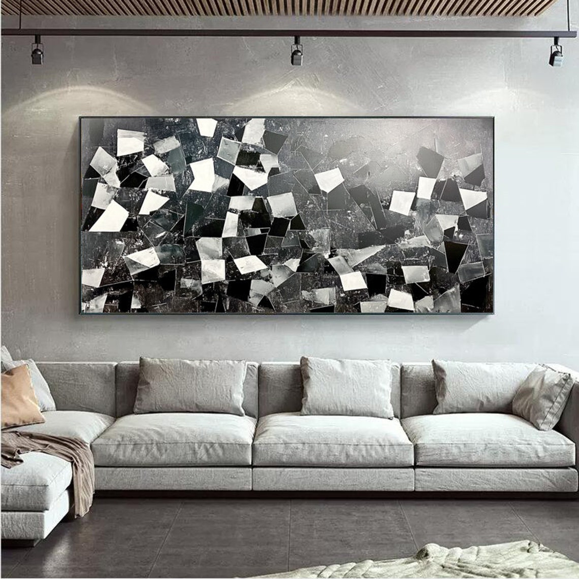 Black White Gray Geometric Abstract Shards Panoramic Modern Art Poster - Image 5