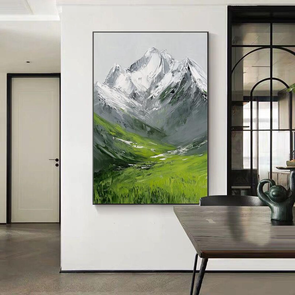 Snow Capped Mountain Peak Rising Over a Green Meadow Valley Poster - Image 4
