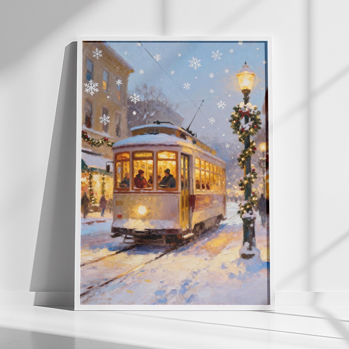 Vintage Streetcar Snowy Christmas City Holiday Street Poster