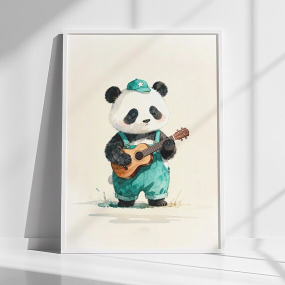 Panda Cub Playing Ukulele Watercolor Kids Nursery Room Poster