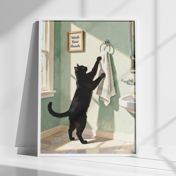 Black Cat Wash Your Hands Bathroom Vintage Illustration Poster