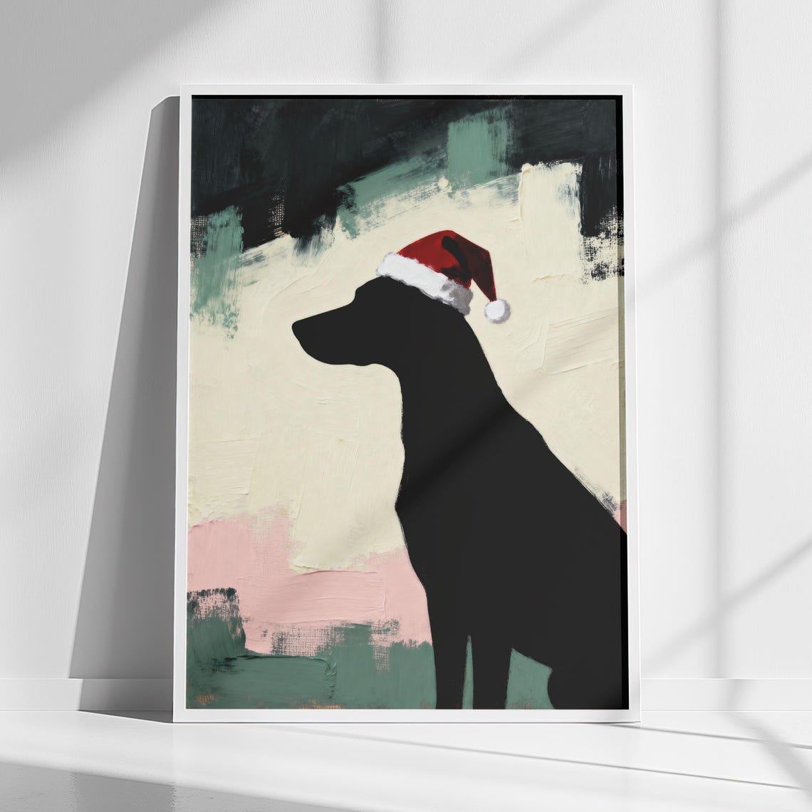 Black Dog Silhouette Santa Hat Abstract Christmas Holiday Poster