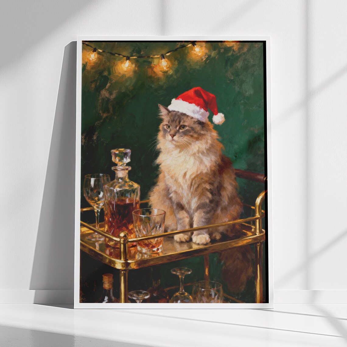 Christmas Cat Wall Art, Holiday Bar Cart Decor
