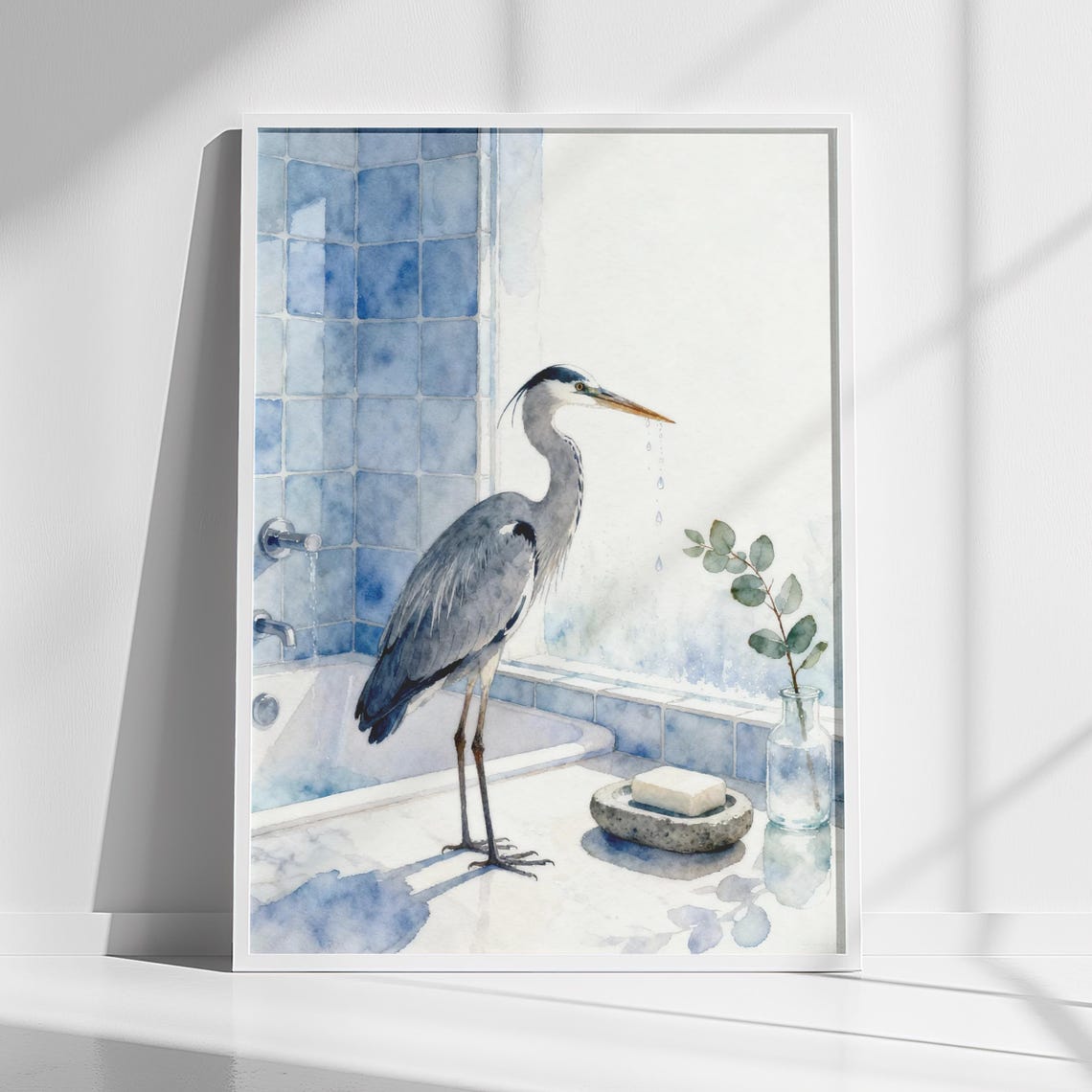 Blue Heron Watercolor Standing by the Bathtub Elegant Bathroom Poster