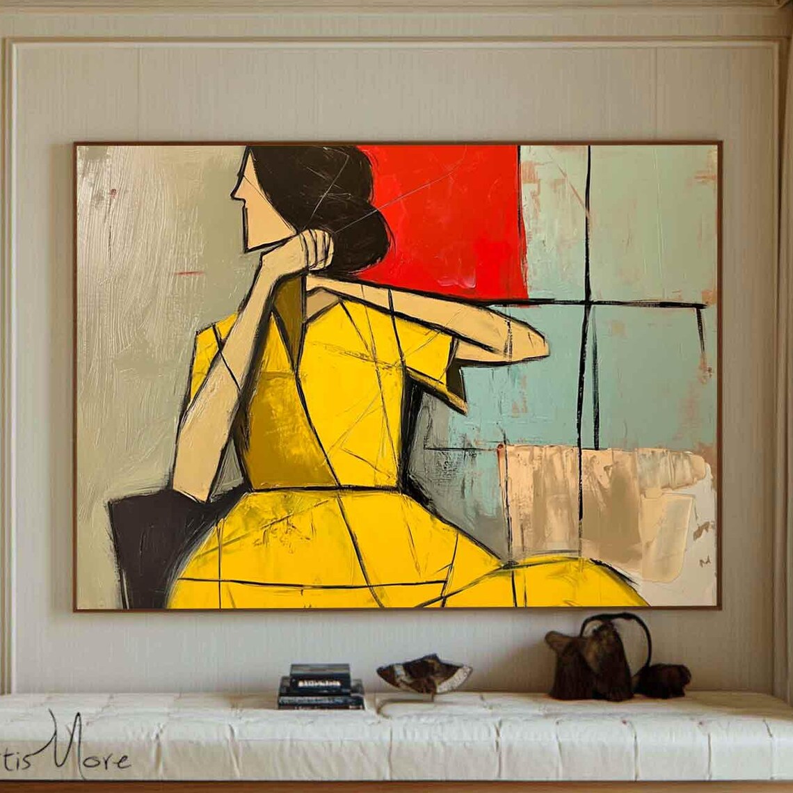 Abstract Woman Yellow Dress Seated Modern Figurative Art Poster