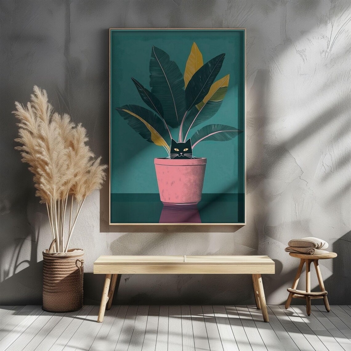 Black Cat Hiding In Plant Pot, Modern Illustration - Image 4