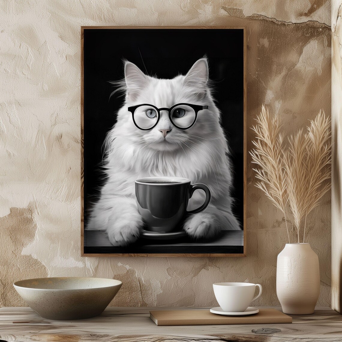 Cat Drinking Coffee, Coffee Lover Vintage Poster