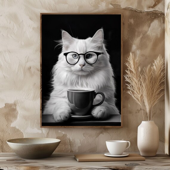 Cat Drinking Coffee, Coffee Lover Vintage Poster