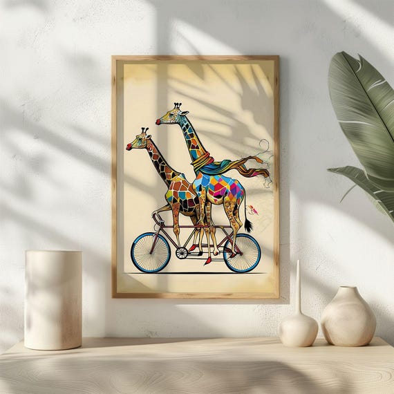 Colorful Giraffes On Bicycle, Boho Animal Art Print