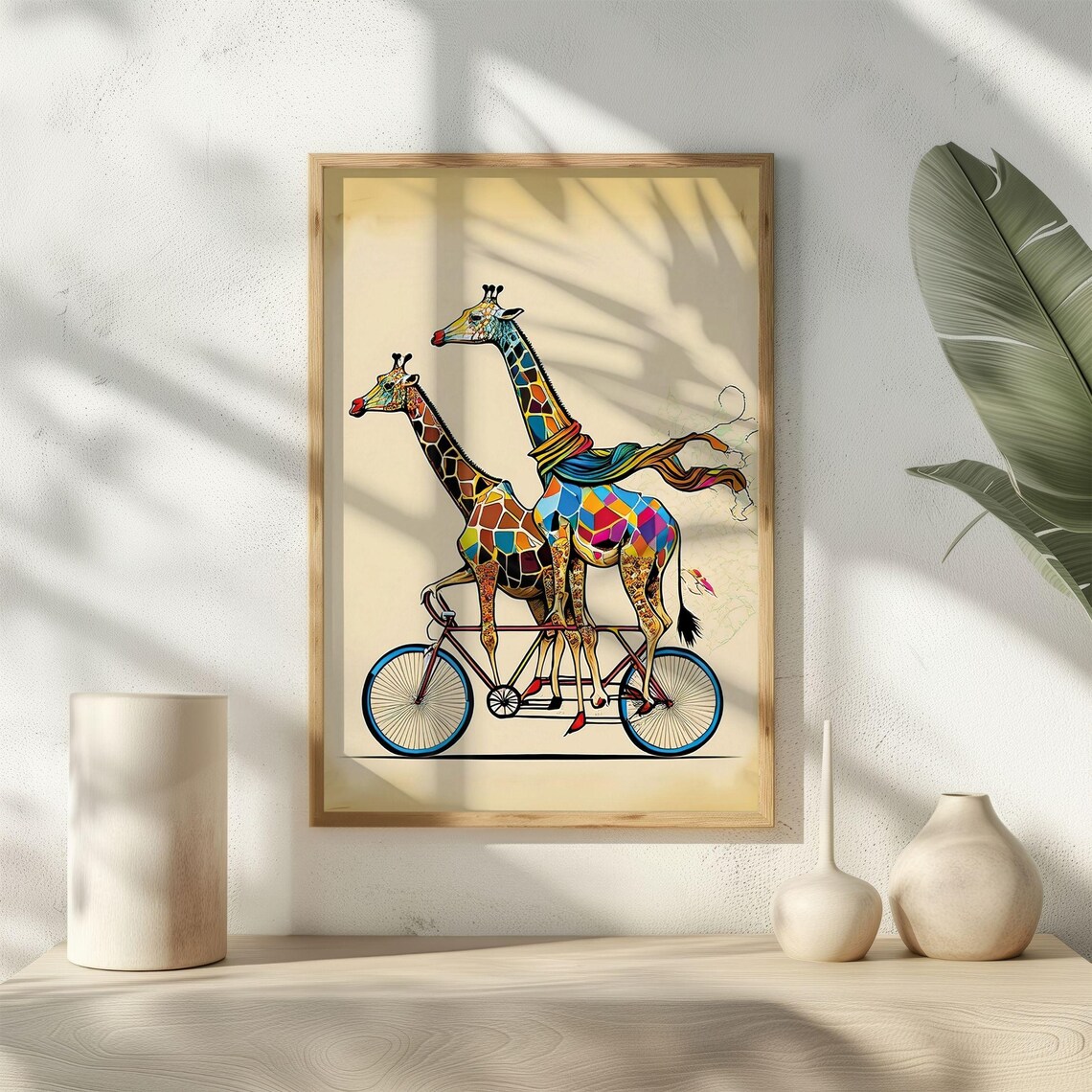Colorful Giraffes On Bicycle, Boho Animal Art Print
