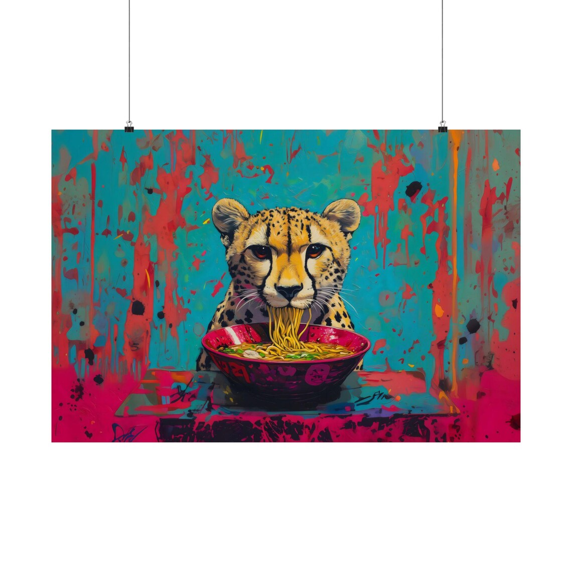 Spotted Cheetah Slurping Noodle Bowl Electric Street Art Style Cat Poster - Image 2