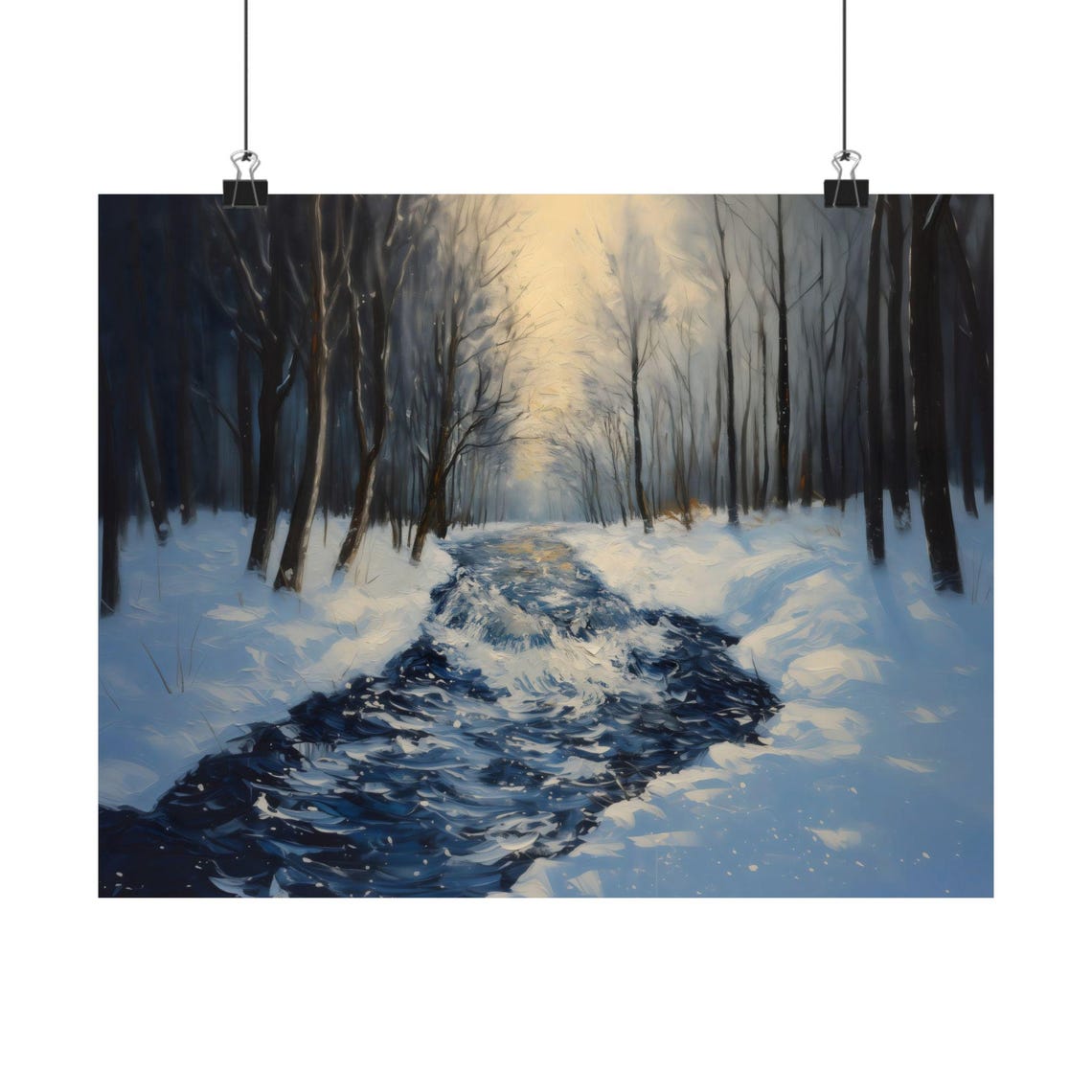 Winter Stream Through Snowy Pine Forest At Dawn Landscape Poster