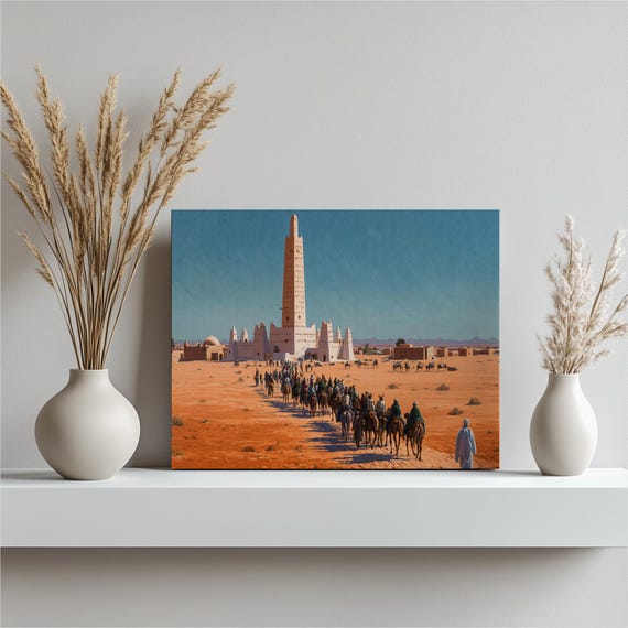 Camel Caravan Desert Canvas Wall Art Sahara Landscape Nomad Kasbah Fortress Painting Middle East Adobe Architecture Traditional