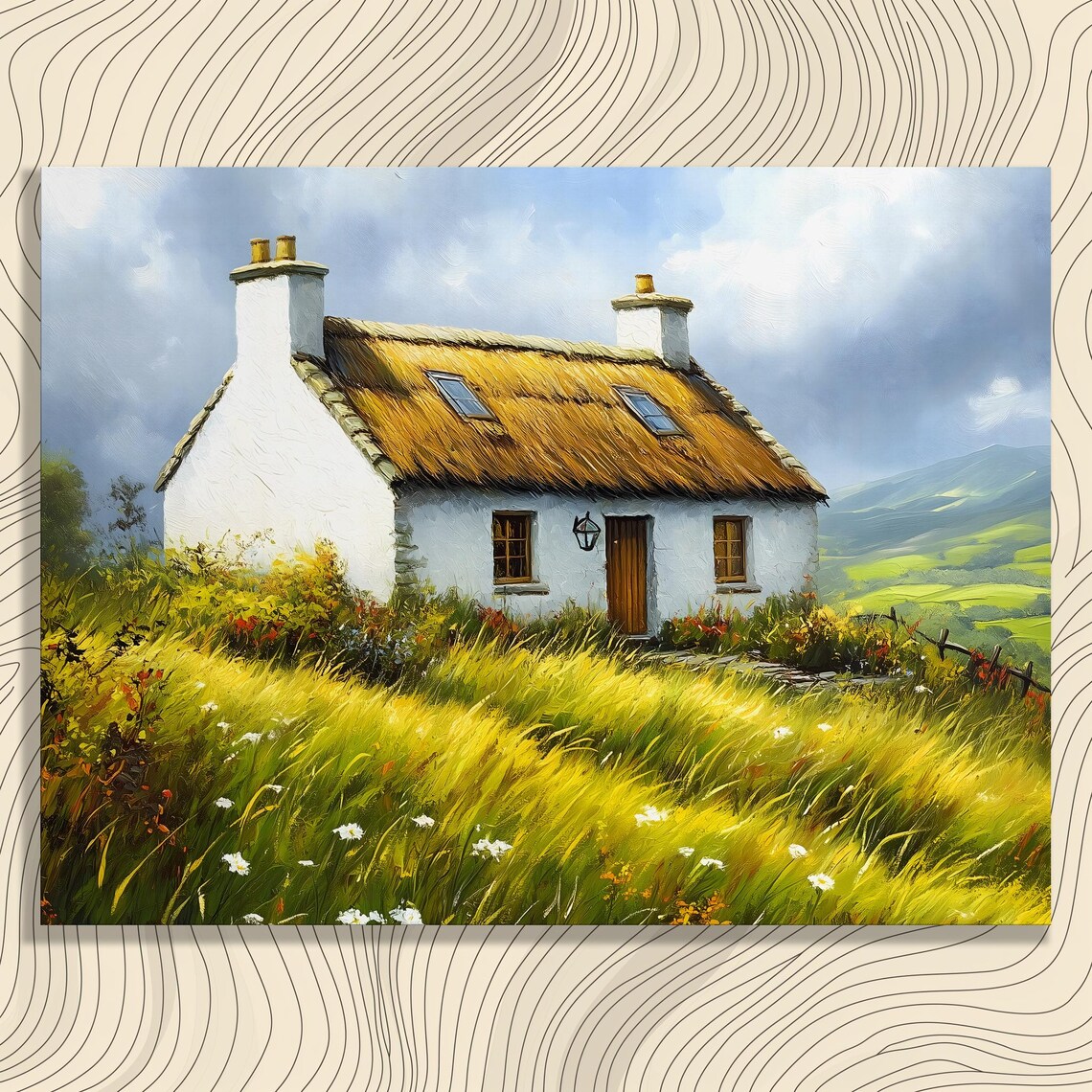 White Thatched Cottage In Golden Meadow Serene Countryside Poster