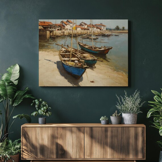 Fishing Boats At Rest Seaside Harbor Village Oil Painting Canvas Print
