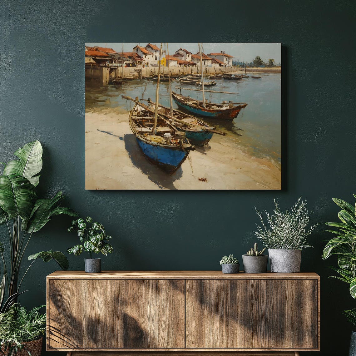 Fishing Boats At Rest Seaside Harbor Village Oil Painting Canvas Print