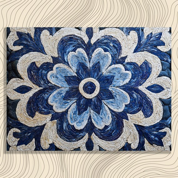 Stunning Mosaic Floral Canvas Wall Art Blue Beige Abstract Pattern Print Boho Decor Unique Gift For Lovers Modern Home