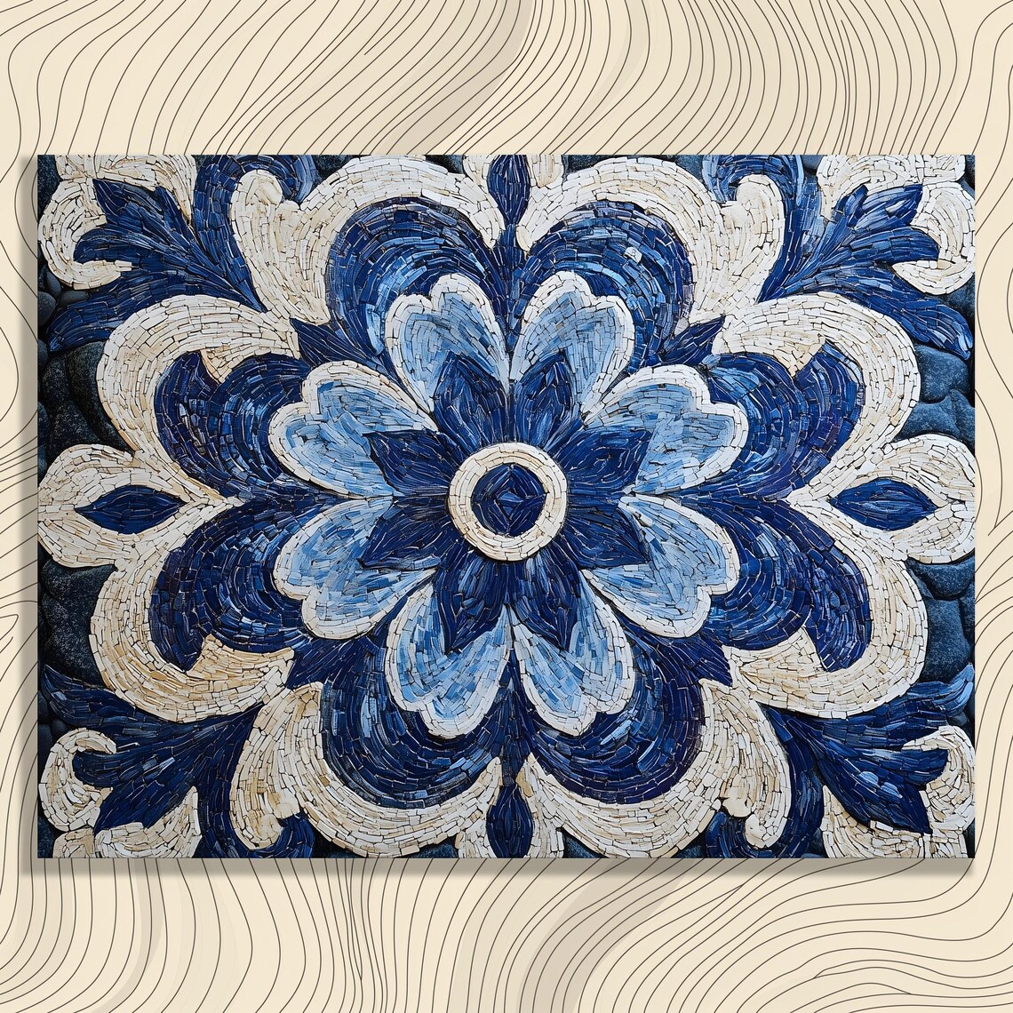 Stunning Mosaic Floral Canvas Wall Art Blue Beige Abstract Pattern Print Boho Decor Unique Gift For Lovers Modern Home