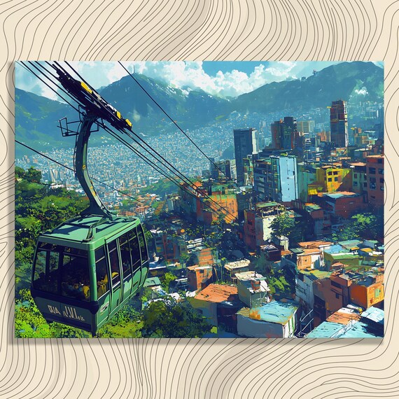 Cable Car Cityscape Canvas Wall Art Vibrant Urban Landscape Mountain Skyline Print With Gondola Over Colorful Hillside City Travel Decor
