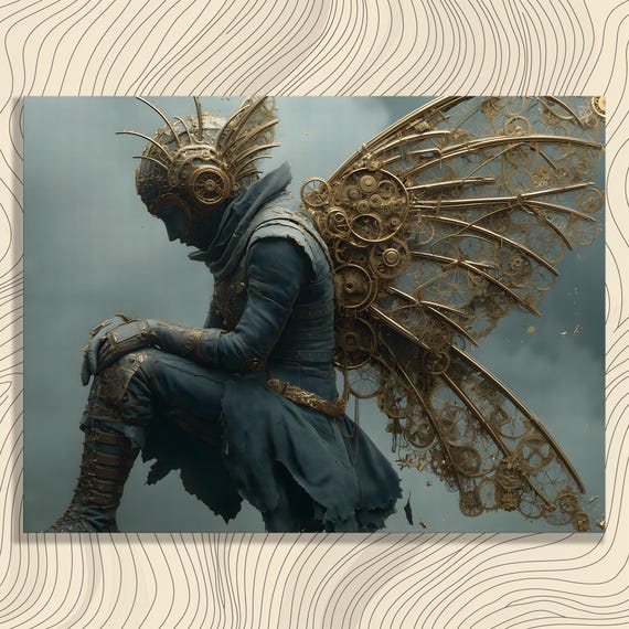 Steampunk Mechanical Wings Canvas Wall Art Fantasy Painting Print Decor Gift For Adults Collectors In Gold Blue