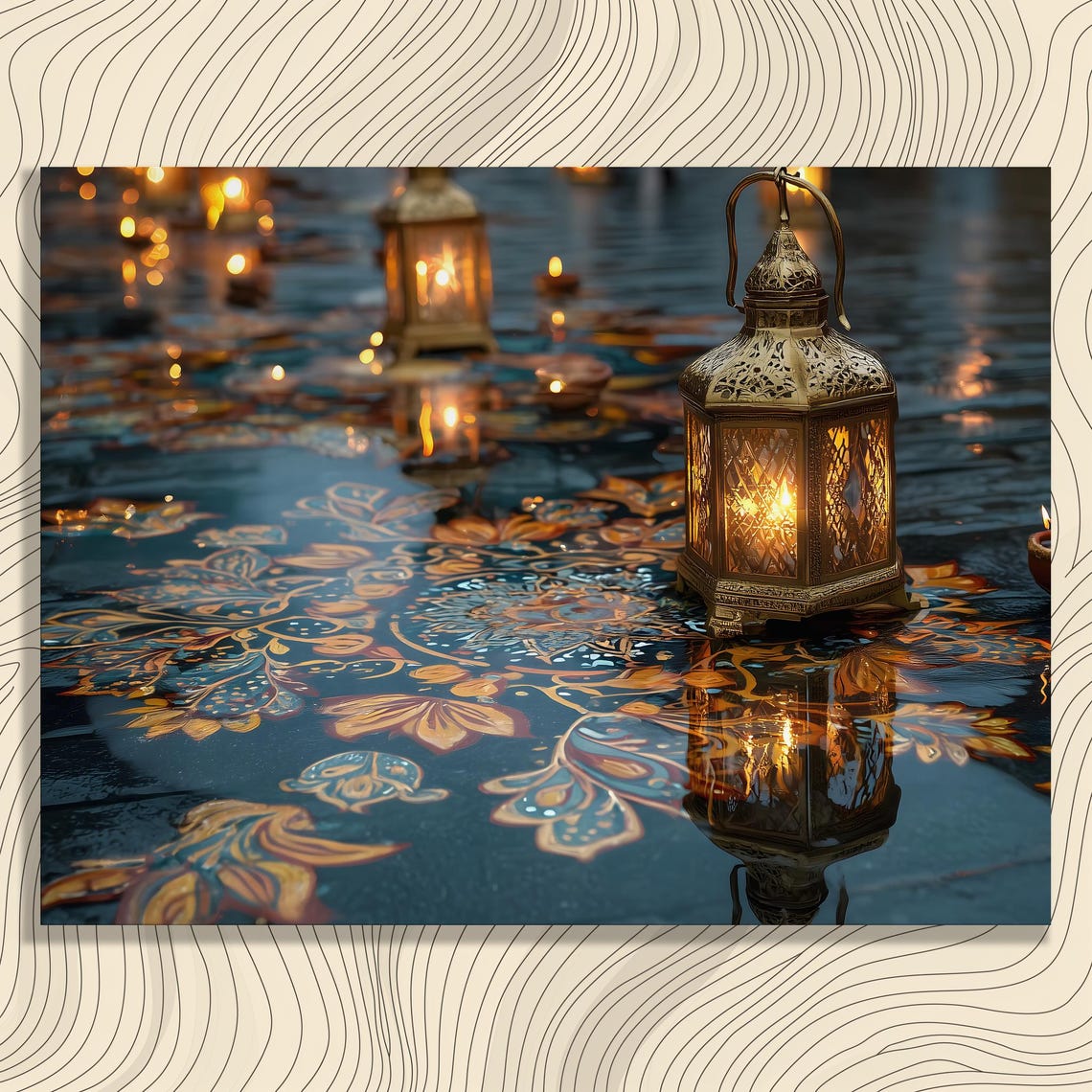Golden Lantern Mandala Canvas Wall Art Boho Moroccan Print Floral Candlelight Reflection Gold Mosaic Pattern Home Decor