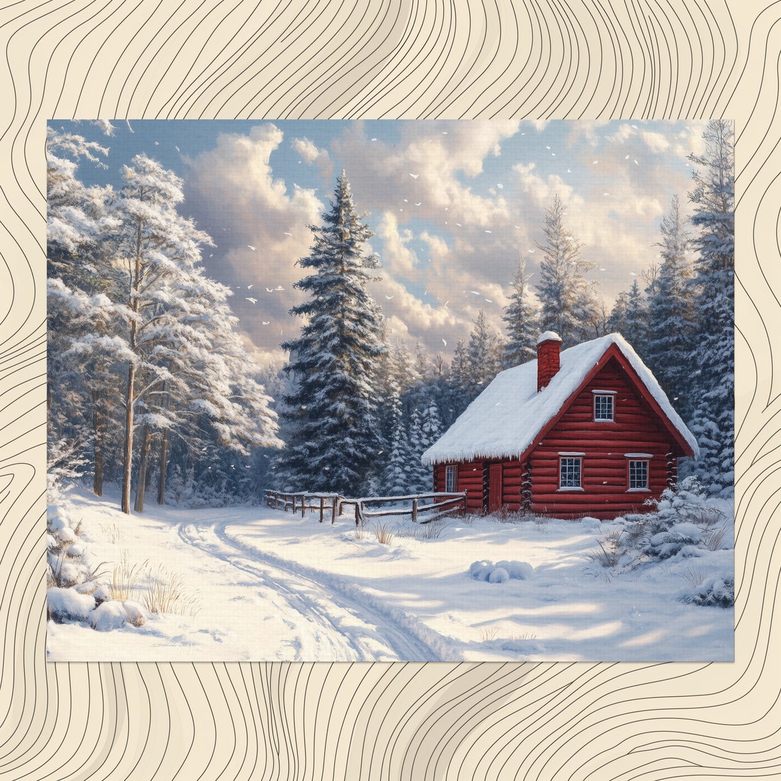 Red Log Cabin in a Snowy Pine Forest Winter Scene Art Poster