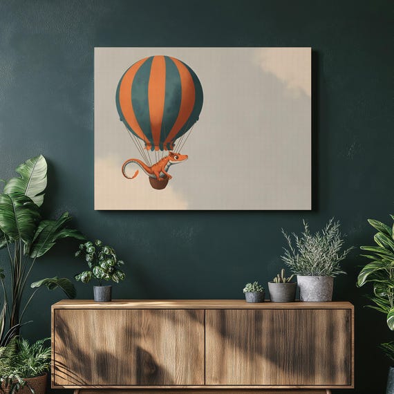 Hot Air Balloon Canvas Wall Art Whimsical Lizard Illustration Colorful Fantasy Sky Painting Contemporary Travel Decor Gift Print