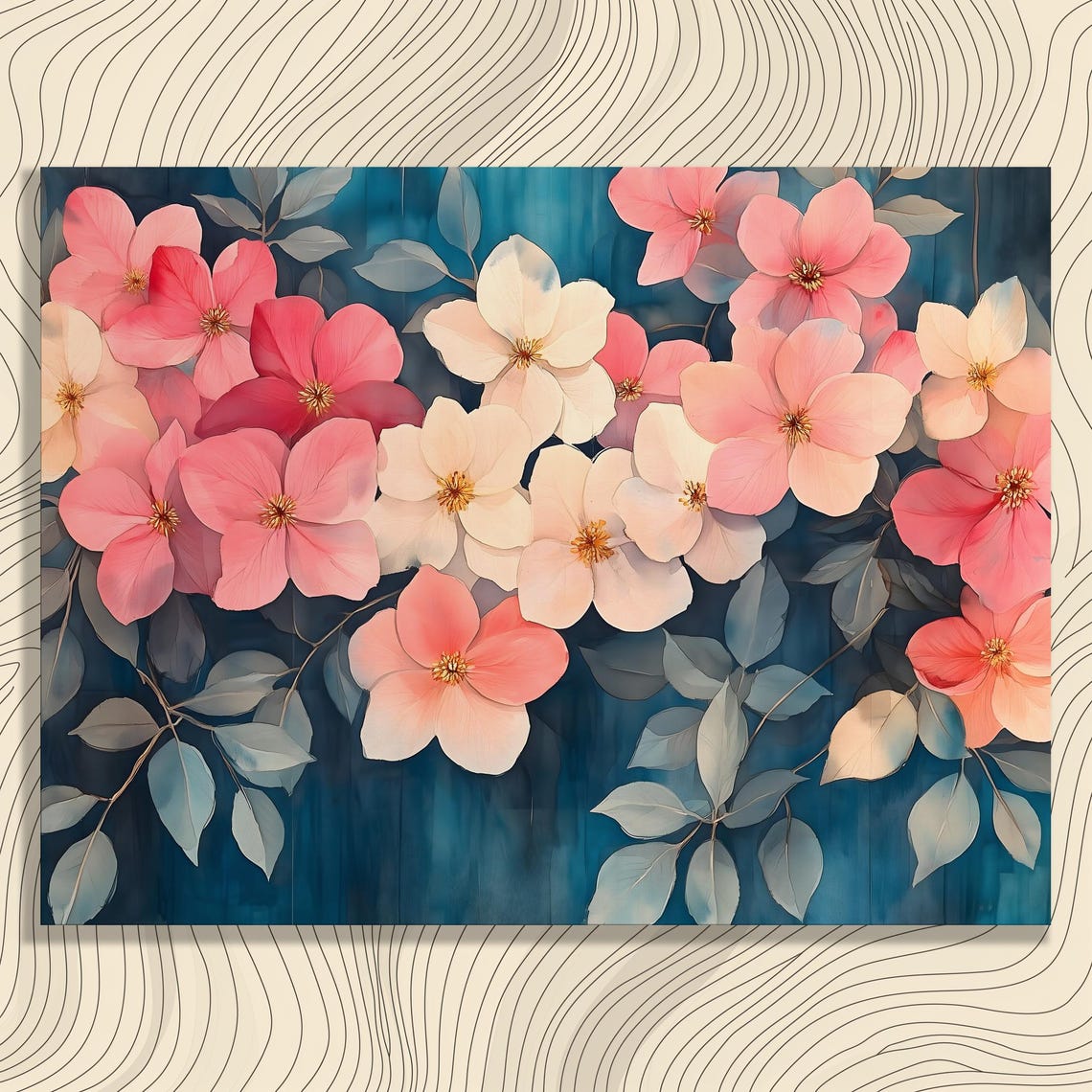Soft Pink White Blossom Branches Blue Background Floral Poster