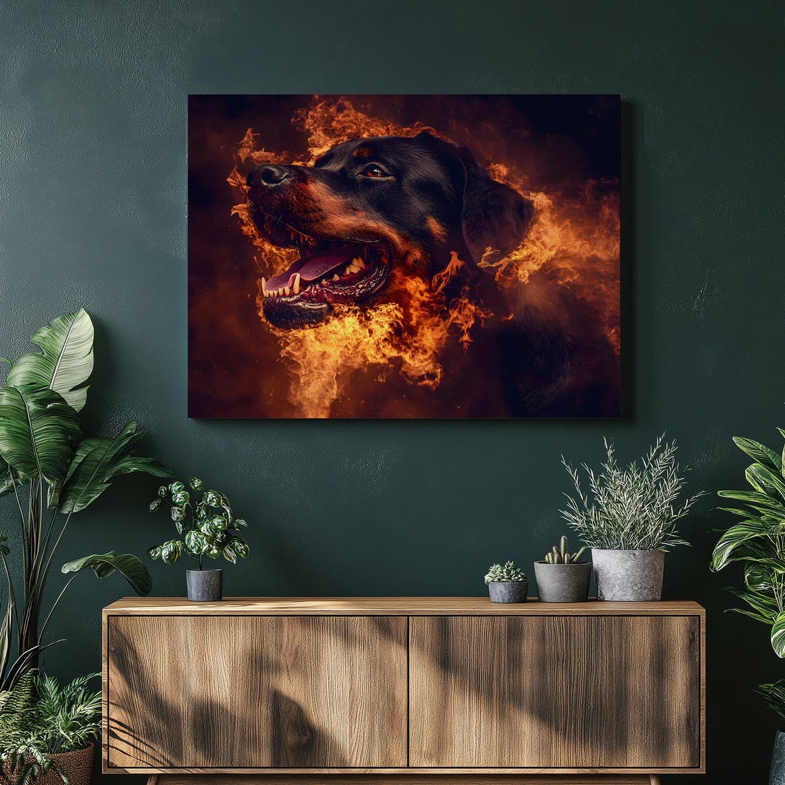 Rottweiler Fiery Double Exposure Flame Portrait Bold Dog Print