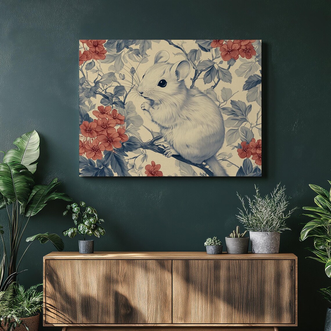 White Gerbil Among Vintage Botanical Florals Cute Rodent Artwork Poster