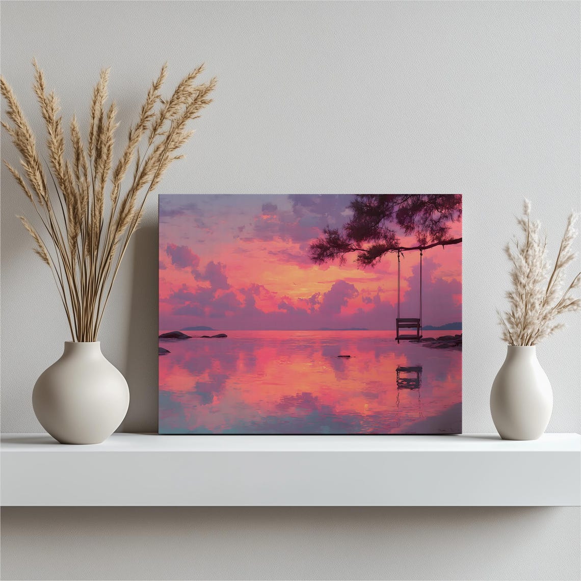 Pink Sunset Beach Swing Over Calm Ocean Romantic Tropical Poster