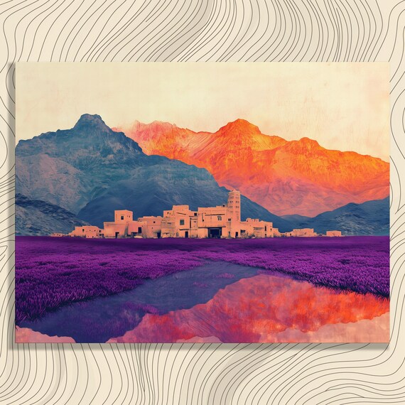 Surreal Landscape Canvas Wall Art Abstract Print Watercolor Mountains Village Artwork Nature Painting Reflection