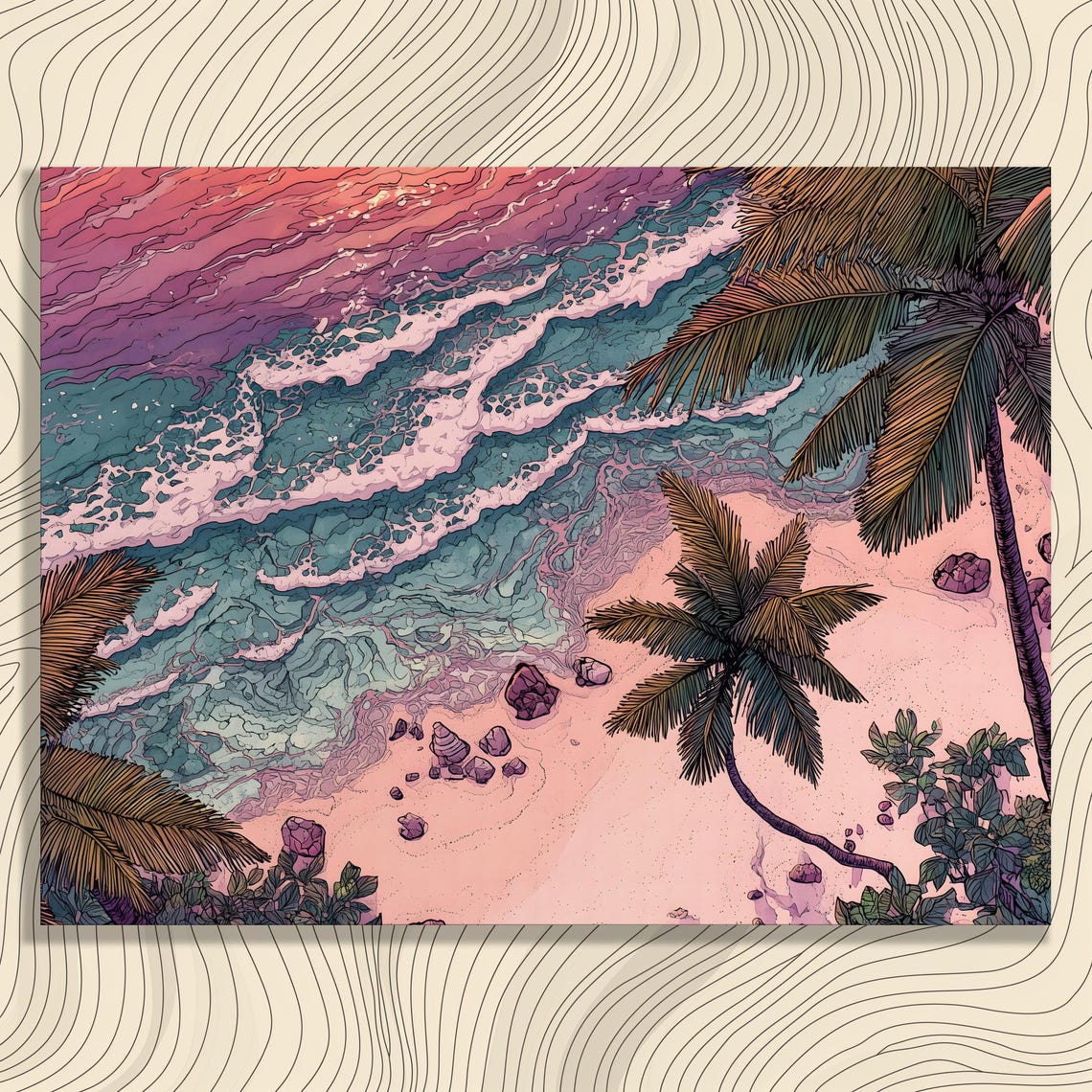Tropical Beach Sunset Aerial Pink Sand Palm Waves Canvas Wall Art