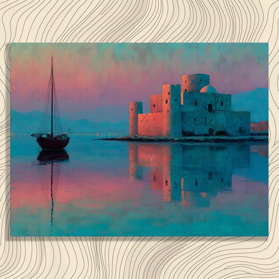Sunset Sailboat Castle Canvas Wall Art Coastal Seascape Painting Pastel Water Reflection Nautical Style Colorful Print Gift