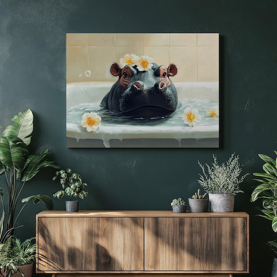 Hippo Canvas Wall Art In Bathtub Bathroom Decor Animal Lovers Unique Home Gift Print Whimsical Piece Fun Wildlife Scene