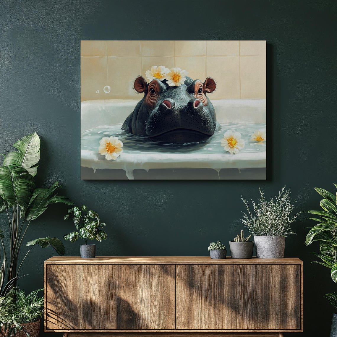 Hippo in Bathtub Daisies Playful Bathroom Animal Fun Wall Print