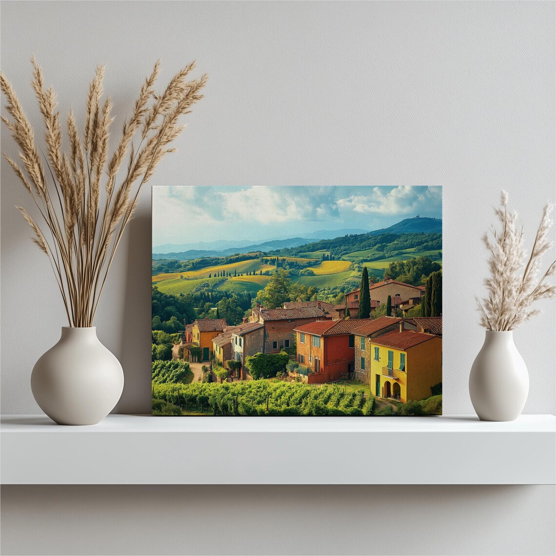 Italian Village on Sunlit Hillside Vineyards Tuscany Style Wall Art