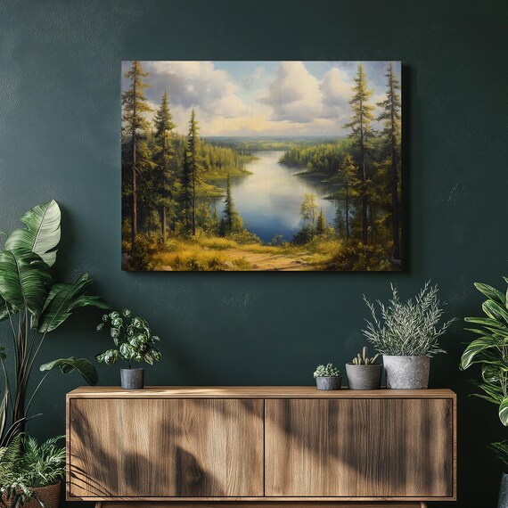 Minnesota Northwoods Pine Lake Canvas Print Serene Forest Shoreline Art