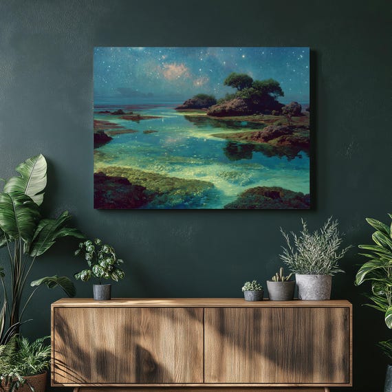 Starry Coastal Night Bioluminescent Shallows Islands Canvas Wall Art
