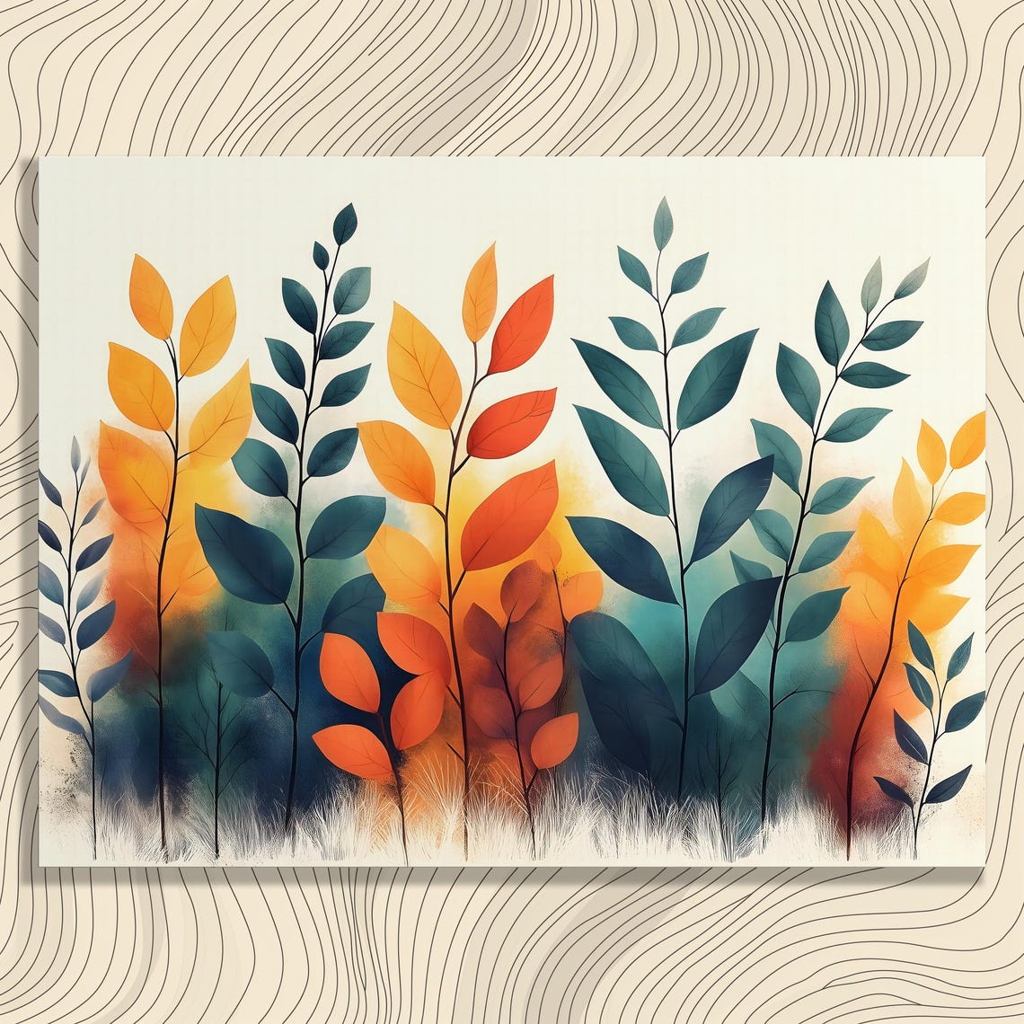Botanical Leaves Canvas Wall Art Modern Boho Foliage Print In Teal And Burnt Orange