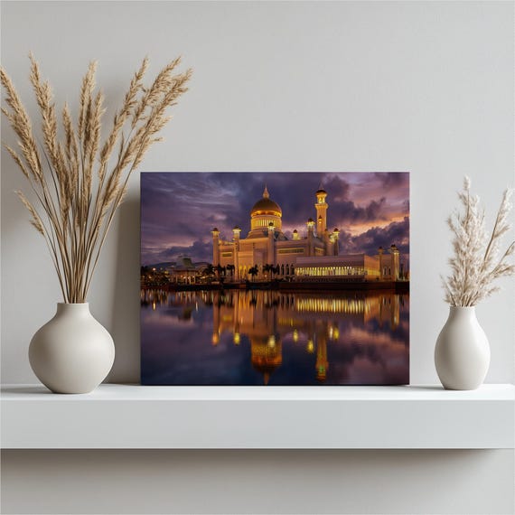 Brunei Mosque Canvas Wall Art Golden Dome Reflection Sunset Print Water Twilight Islamic Architecture Travel Decor Photo