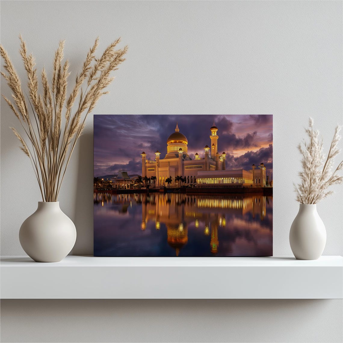 Brunei Golden Dome Mosque Sunset Reflection Photography Poster